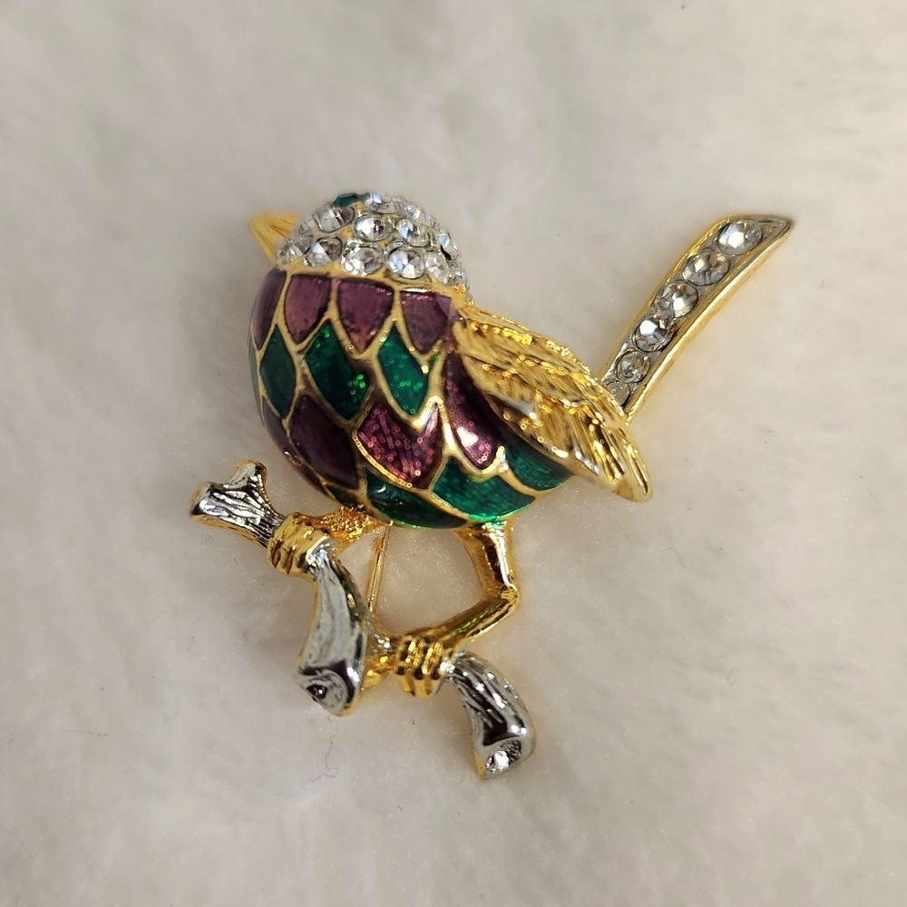Vintage Rhinestone,Enameled Goldtone Bird on Branch Brooch